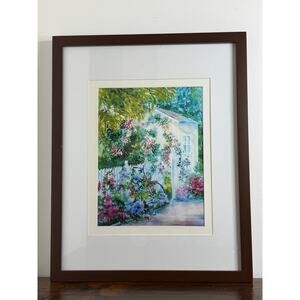 Vintage Floral Wall Art Framed Print 12"x15" | White Fence Bicycle Garden Scene
